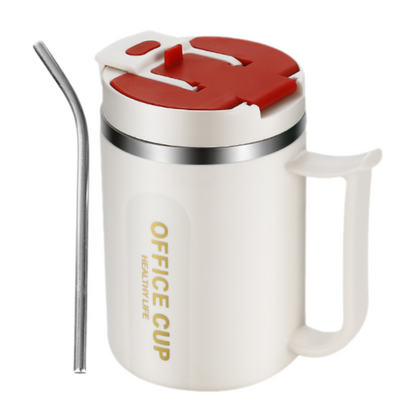 White and Red 16oz Stainless Steel Office Mug with Phone Stand Lid, Straw and Spoon - 500ML Double Wall Insulated Coffee Cup, Wide Handle and 3 Drinking Ways