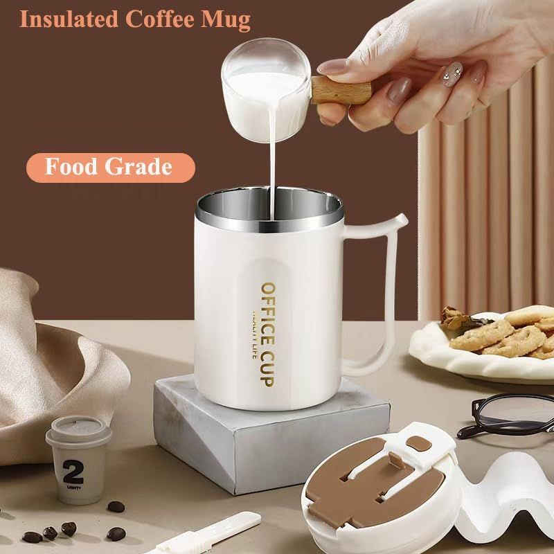 White and Red 16oz Stainless Steel Office Mug with Phone Stand Lid, Straw and Spoon - 500ML Double Wall Insulated Coffee Cup, Wide Handle and 3 Drinking Ways