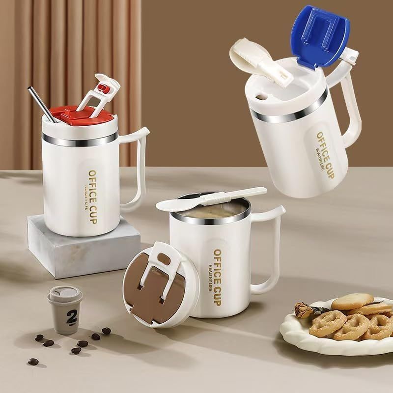White and Red 16oz Stainless Steel Office Mug with Phone Stand Lid, Straw and Spoon - 500ML Double Wall Insulated Coffee Cup, Wide Handle and 3 Drinking Ways