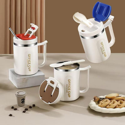 White and Red 16oz Stainless Steel Office Mug with Phone Stand Lid, Straw and Spoon - 500ML Double Wall Insulated Coffee Cup, Wide Handle and 3 Drinking Ways