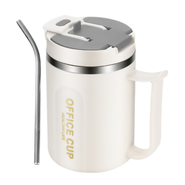 White and Grey 16oz Stainless Steel Office Mug with Phone Stand Lid, Straw and Spoon - 500ML Double Wall Insulated Coffee Cup, Wide Handle and 3 Drinking Ways