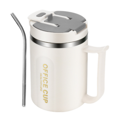 White and Grey 16oz Stainless Steel Office Mug with Phone Stand Lid, Straw and Spoon - 500ML Double Wall Insulated Coffee Cup, Wide Handle and 3 Drinking Ways