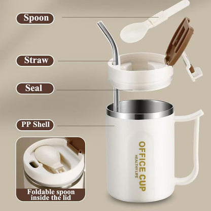 White and Grey 16oz Stainless Steel Office Mug with Phone Stand Lid, Straw and Spoon - 500ML Double Wall Insulated Coffee Cup, Wide Handle and 3 Drinking Ways