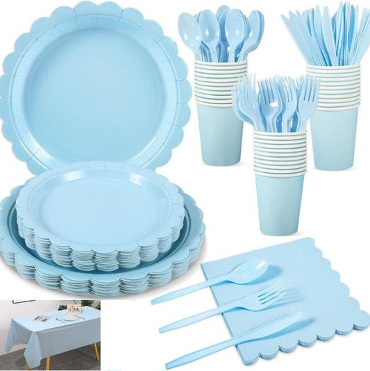 7-Piece Light Blue Scalloped Party Tableware Set for 25 Guests - Disposable Paper Plates 7 / 9 inch, 9oz Cups, Napkins, Cutlery with Matching Tablecloth for Birthday, Baby Shower, EOFY Event
