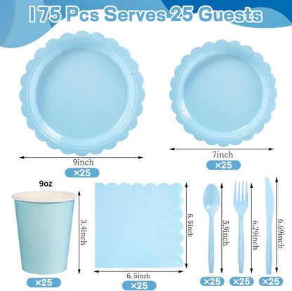 7-Piece Light Blue Scalloped Party Tableware Set for 25 Guests - Disposable Paper Plates 7 / 9 inch, 9oz Cups, Napkins, Cutlery with Matching Tablecloth for Birthday, Baby Shower, EOFY Event