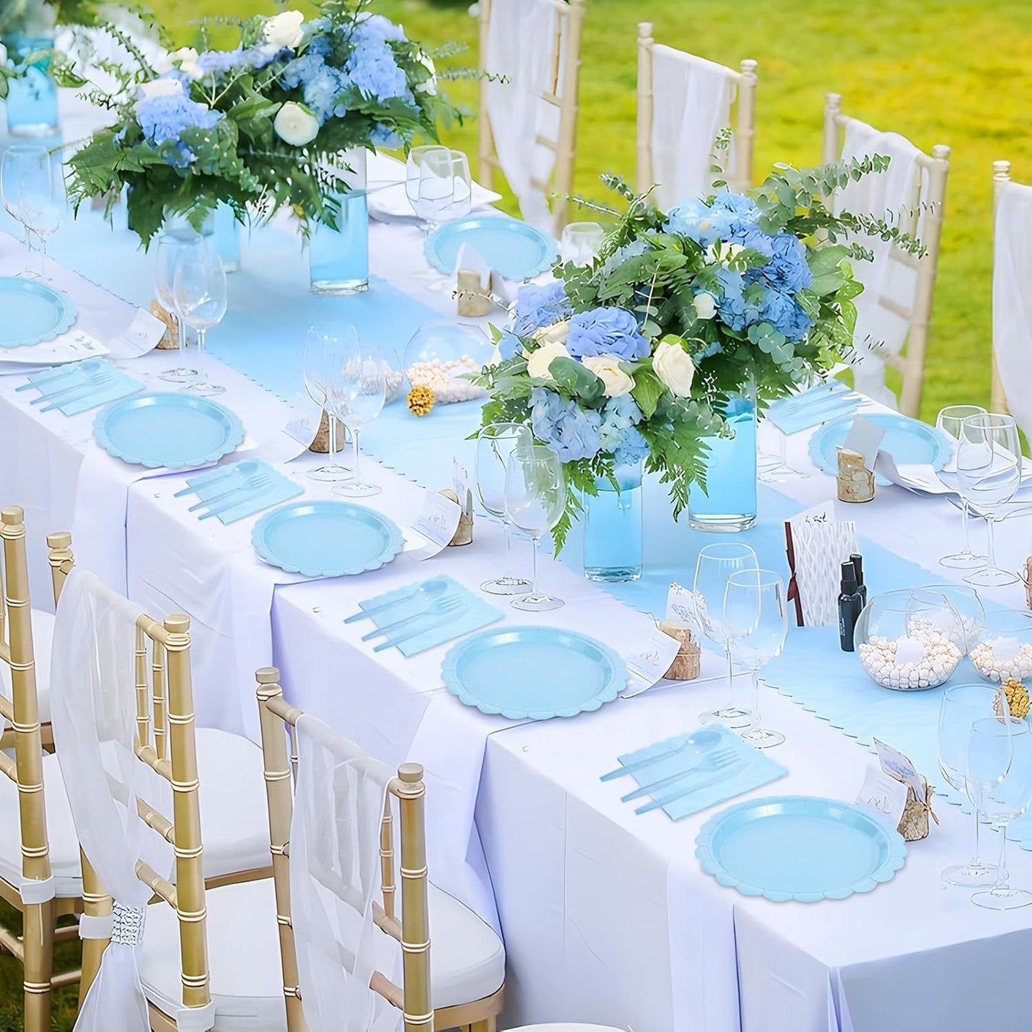 7-Piece Light Blue Scalloped Party Tableware Set for 25 Guests - Disposable Paper Plates 7 / 9 inch, 9oz Cups, Napkins, Cutlery with Matching Tablecloth for Birthday, Baby Shower, EOFY Event
