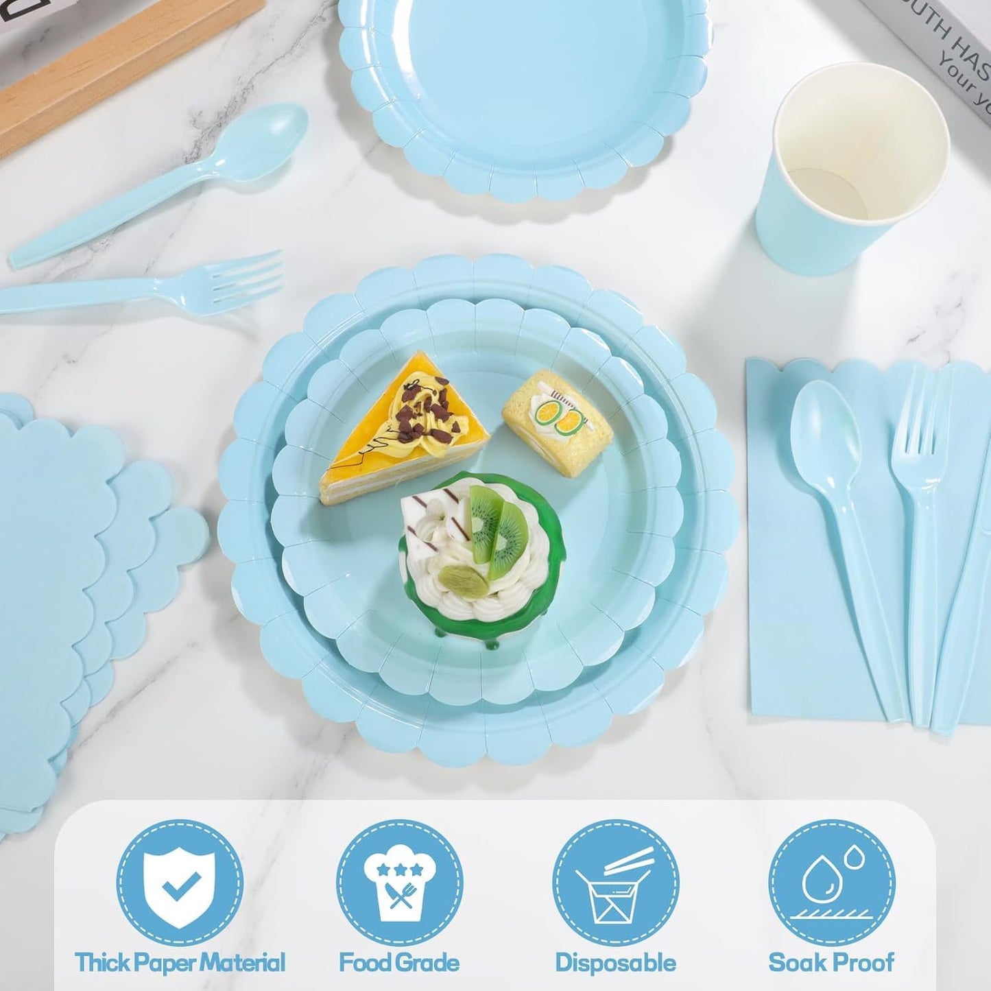 7-Piece Light Blue Scalloped Party Tableware Set for 50 Guests - Disposable Paper Plates 7 / 9 inch, 9oz Cups, Napkins, Cutlery with Matching Tablecloth for Birthday, Baby Shower, EOFY Event