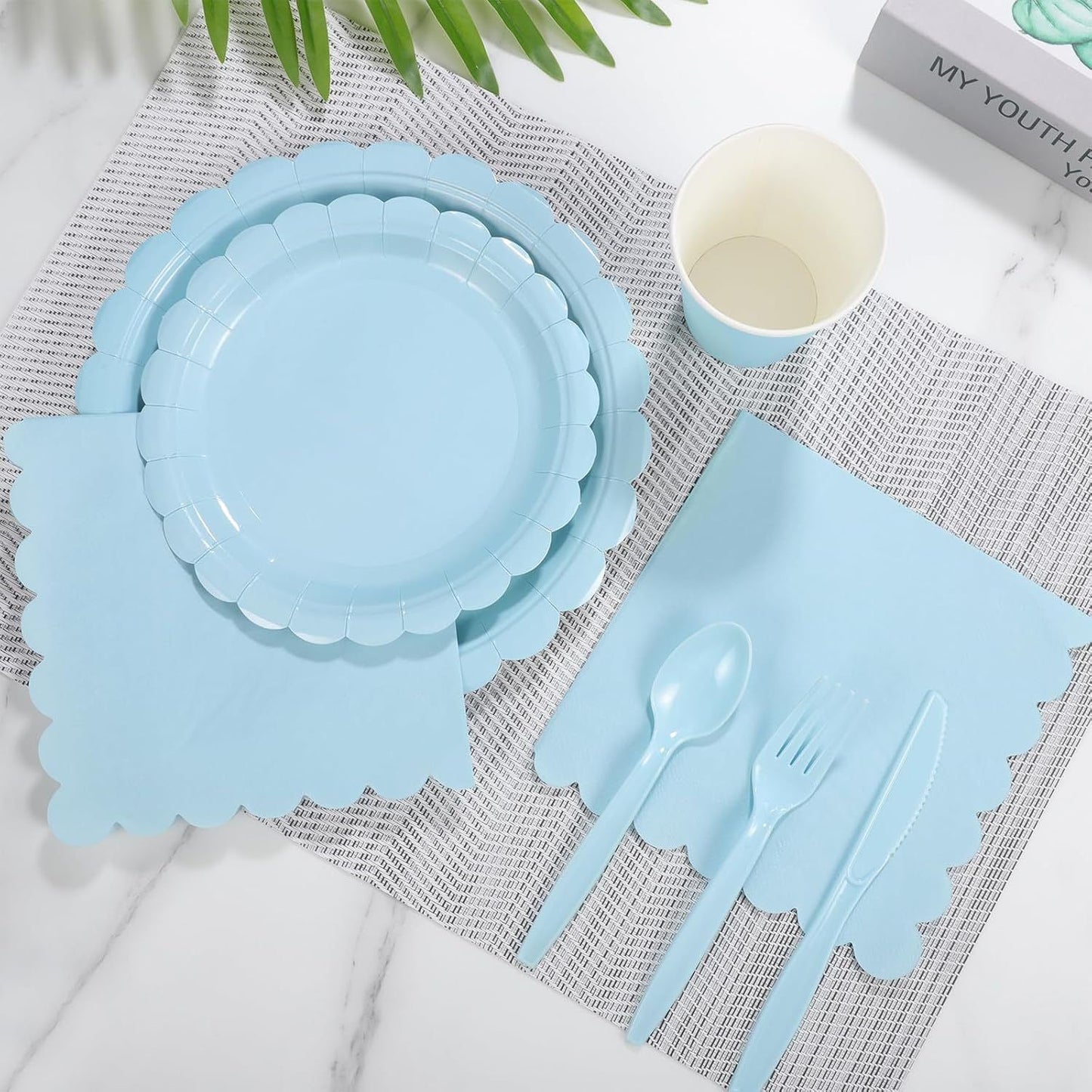 7-Piece Light Blue Scalloped Party Tableware Set for 50 Guests - Disposable Paper Plates 7 / 9 inch, 9oz Cups, Napkins, Cutlery with Matching Tablecloth for Birthday, Baby Shower, EOFY Event
