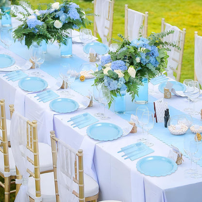 7-Piece Light Blue Scalloped Party Tableware Set for 50 Guests - Disposable Paper Plates 7 / 9 inch, 9oz Cups, Napkins, Cutlery with Matching Tablecloth for Birthday, Baby Shower, EOFY Event