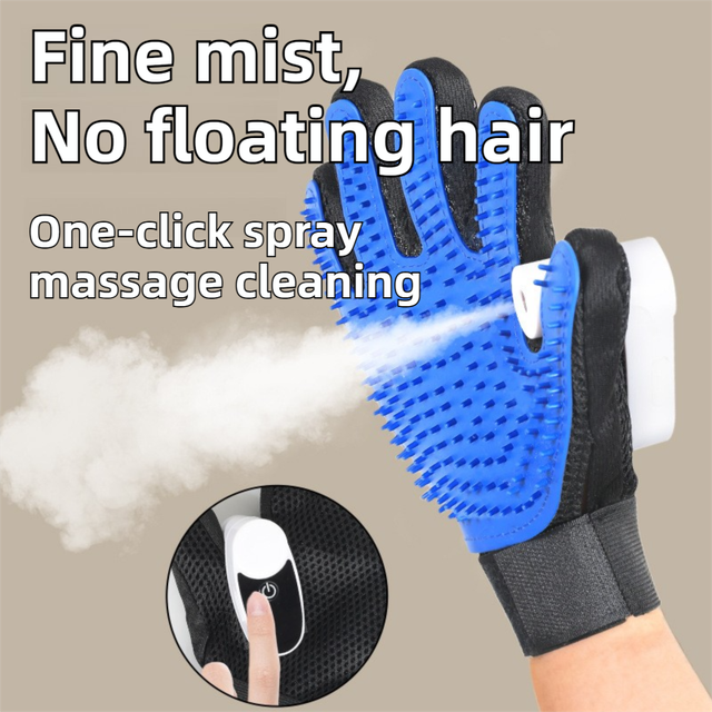 Black Blue Pet Grooming Spray Glove with Pink Detachable Typec Mister - TPR Soft Deshedding & Massage Brush Glove for Cats and Dogs, Anti Static Spray to Reduce Flying Fur and Easy to Clean