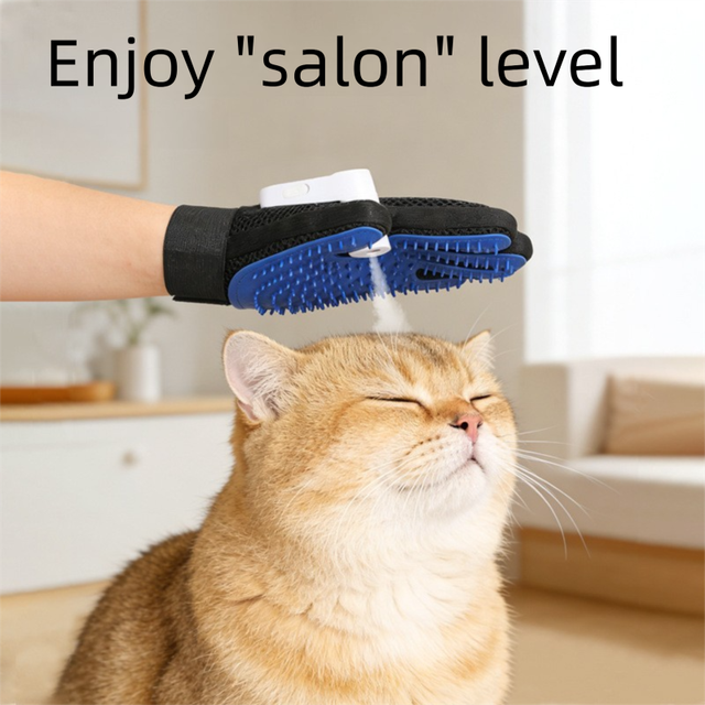 2PCS Black Blue Pet Grooming Spray Glove with White & Black Detachable Typec Mister - TPR Soft Deshedding & Massage Brush Glove for Cats and Dogs, Anti Static Spray to Reduce Flying Fur and Easy to Clean