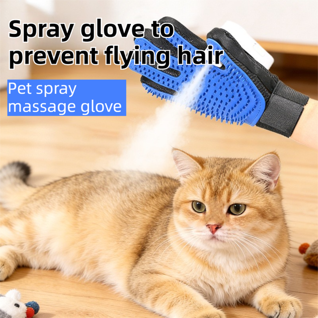2PCS Black Blue Pet Grooming Spray Glove with Pink & Black Detachable Typec Mister - TPR Soft Deshedding & Massage Brush Glove for Cats and Dogs, Anti Static Spray to Reduce Flying Fur and Easy to Clean
