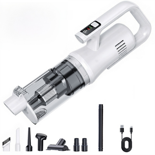 White Cordless Handheld Vacuum Cleaner with 5 Brush Attachments & LED Light for Home Car - 18KPA Strong Suction, Portable Typec Charging, Battery Digital Display, One Touch Emptying Dust Cup and Cyclone Dust Separation