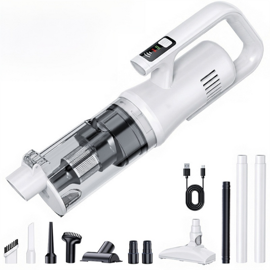 White Cordless Handheld Vacuum Cleaner & 180°Swivel Mop with 6 Brush Attachments & LED Light for Home Car - 18KPA Strong Suction, Portable Typec Charging, Battery Digital Display, One Touch Emptying Dust Cup and Cyclone Dust Separation