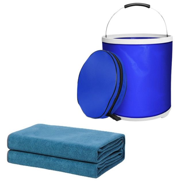 Blue Microfiber Car Cleaning Towel (43 x 43 CM) and 20L Foldable Self Standing Water Bucket (Include Zipper Bag) Combo Set - Super Absorbent and Scratch Free for Car Detailing Drying and Home Cleaning