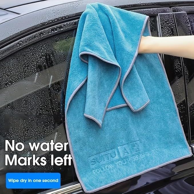 Blue Microfiber Car Cleaning Towel (35 x 75 CM) and 20L Foldable Self Standing Water Bucket (Include Zipper Bag) Combo Set - Super Absorbent and Scratch Free for Car Detailing Drying and Home Cleaning