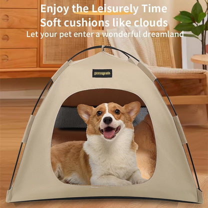 Khaki All-Weather Portable Pet Tent with Dual-Sided Cushion & Insect-Proof Mesh – L Size 60 x 60 x 50 cm, Waterproof & Sun-Proof Outdoor Four Corner Dome Kennel for Dogs & Cats Travel Camping
