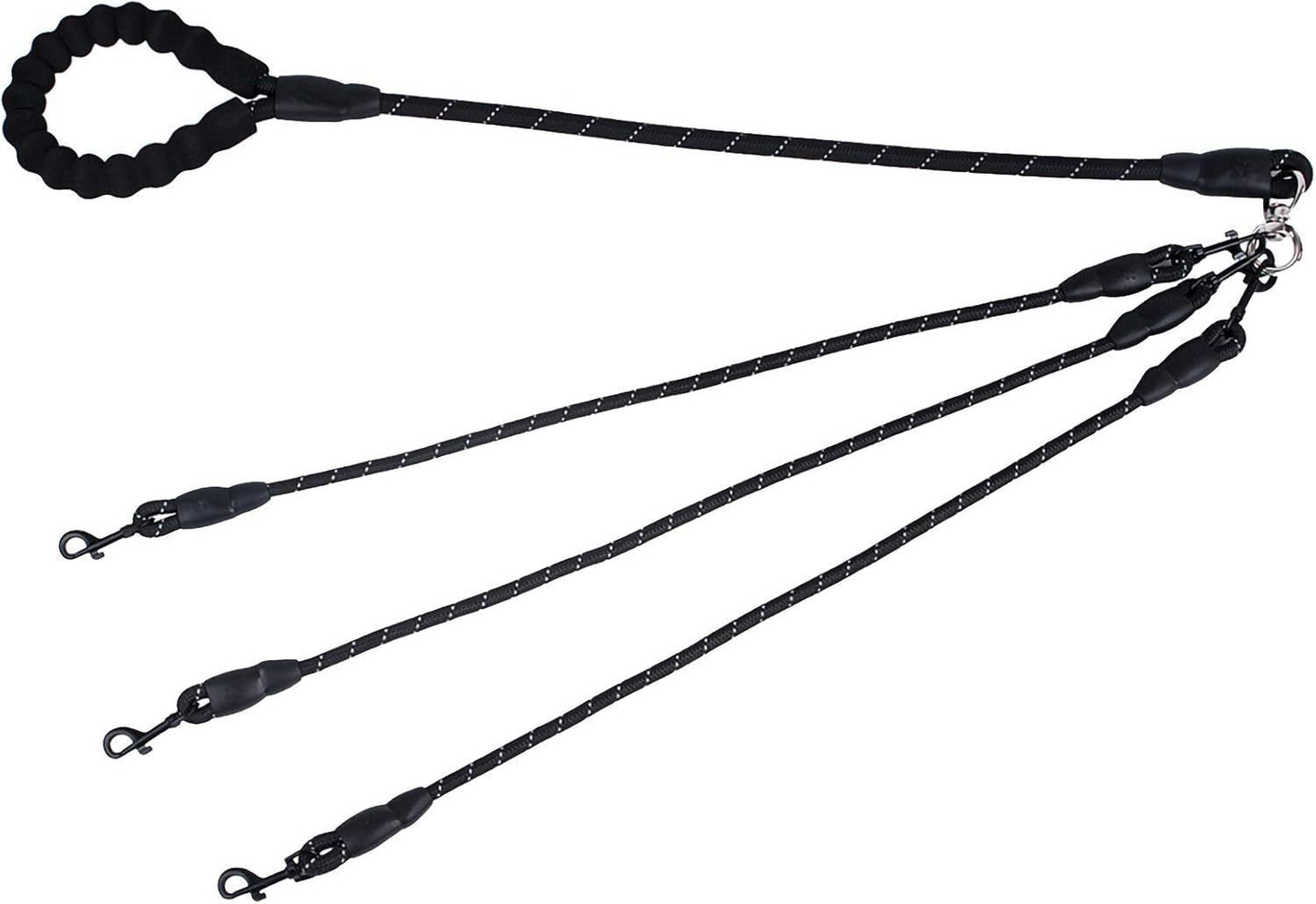 Black 3-in-1 No-Tangle Dog Leash for 1-3 Small Large Dogs – Heavy Duty 360° Swivel Bungee Coupler with Reflective Nylon Braid & Padded Handle