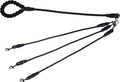 Black 3-in-1 No-Tangle Dog Leash for 1-3 Small Large Dogs – Heavy Duty 360° Swivel Bungee Coupler with Reflective Nylon Braid & Padded Handle