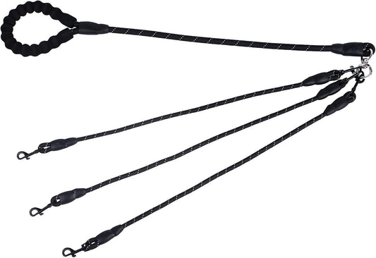 Black 3-in-1 No-Tangle Dog Leash for 1-3 Small Large Dogs – Heavy Duty 360° Swivel Bungee Coupler with Reflective Nylon Braid & Padded Handle