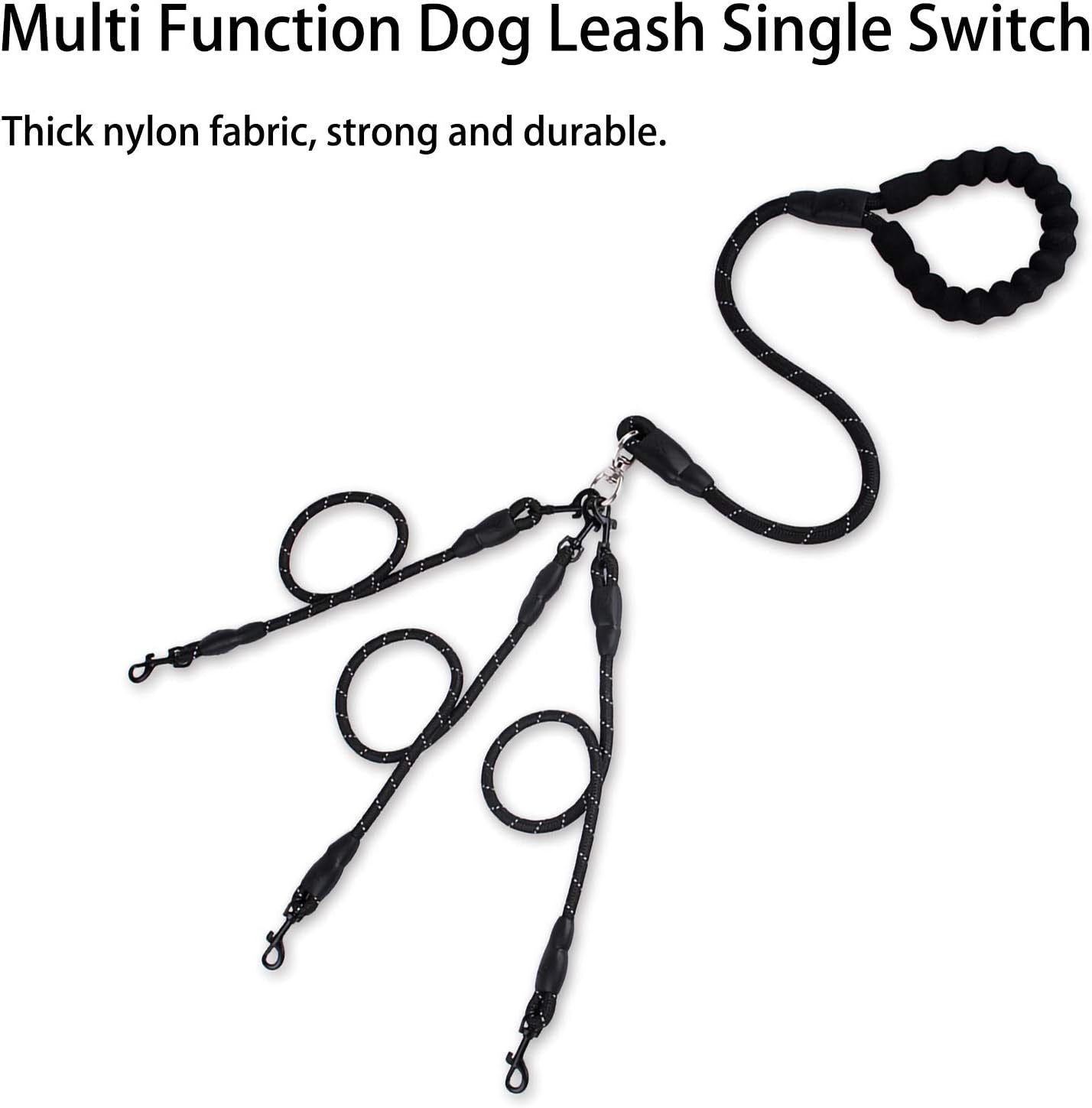 Black 3-in-1 No-Tangle Dog Leash for 1-3 Small Large Dogs – Heavy Duty 360° Swivel Bungee Coupler with Reflective Nylon Braid & Padded Handle
