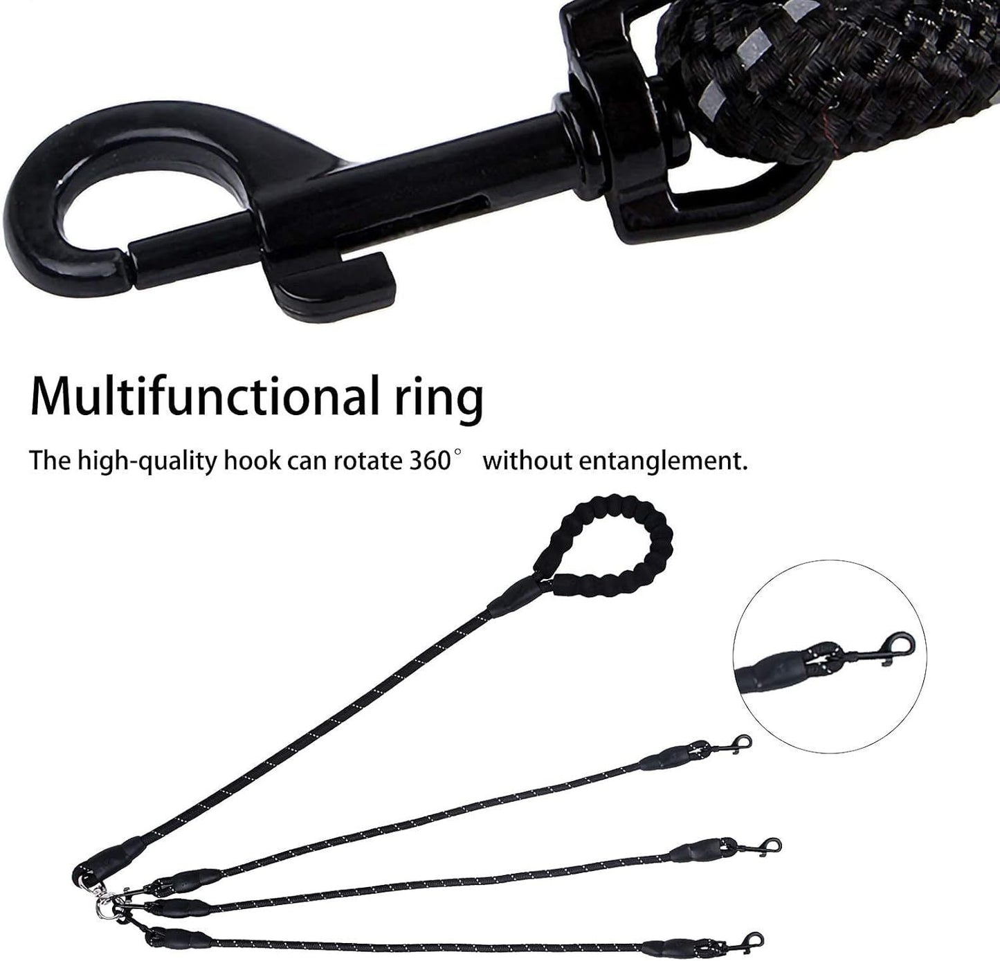 Black 3-in-1 No-Tangle Dog Leash for 1-3 Small Large Dogs – Heavy Duty 360° Swivel Bungee Coupler with Reflective Nylon Braid & Padded Handle