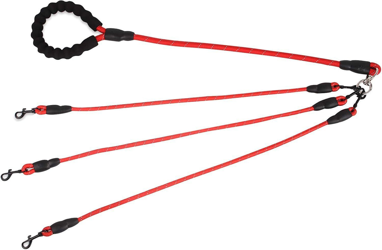 Red 3-in-1 No-Tangle Dog Leash for 1-3 Small Large Dogs – Heavy Duty 360° Swivel Bungee Coupler with Reflective Nylon Braid & Padded Handle