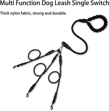 Red 3-in-1 No-Tangle Dog Leash for 1-3 Small Large Dogs – Heavy Duty 360° Swivel Bungee Coupler with Reflective Nylon Braid & Padded Handle