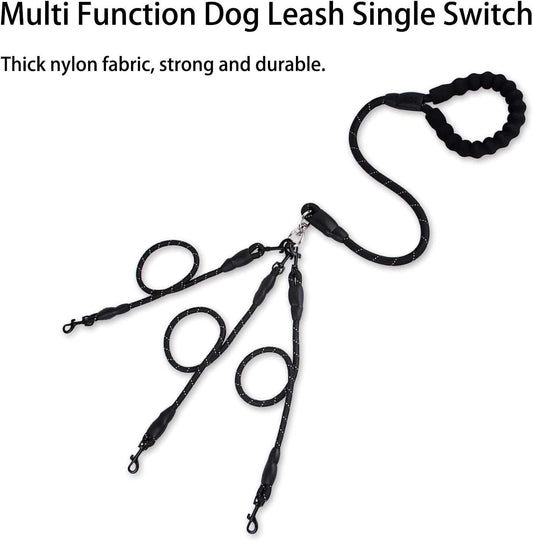 Red 3-in-1 No-Tangle Dog Leash for 1-3 Small Large Dogs – Heavy Duty 360° Swivel Bungee Coupler with Reflective Nylon Braid & Padded Handle