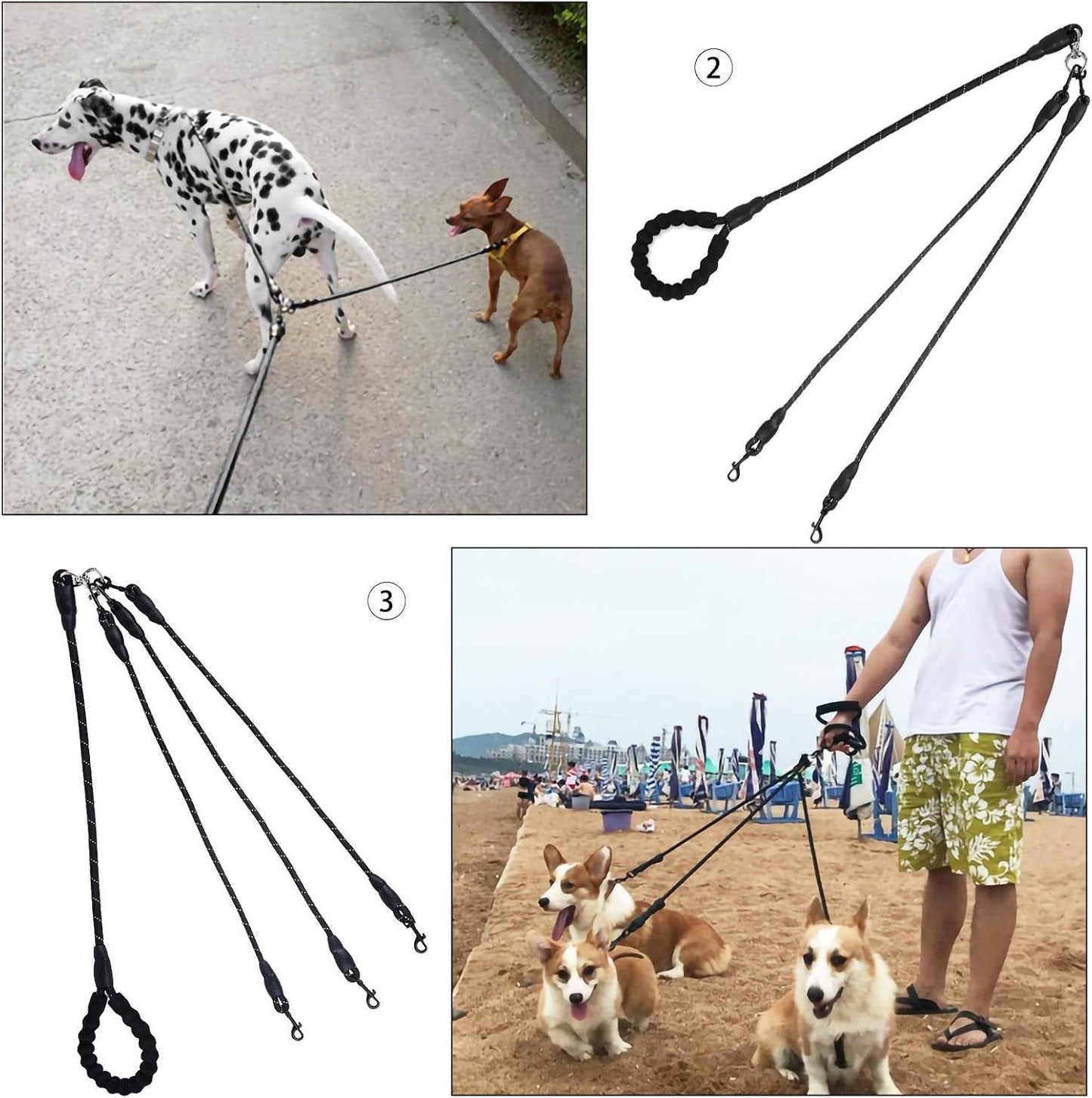 Red 3-in-1 No-Tangle Dog Leash for 1-3 Small Large Dogs – Heavy Duty 360° Swivel Bungee Coupler with Reflective Nylon Braid & Padded Handle