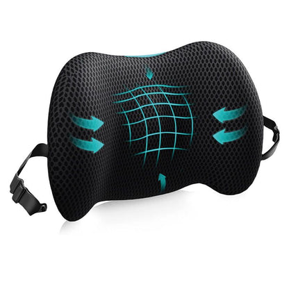 Black Ergonomic Memory Foam Lumbar Support Pillow and Back Cushion - Big Ear Contoured Design, Breathable Cover & Adjustable Strap for Office Car Seats, 17.9 x 10.23 x 4.33"