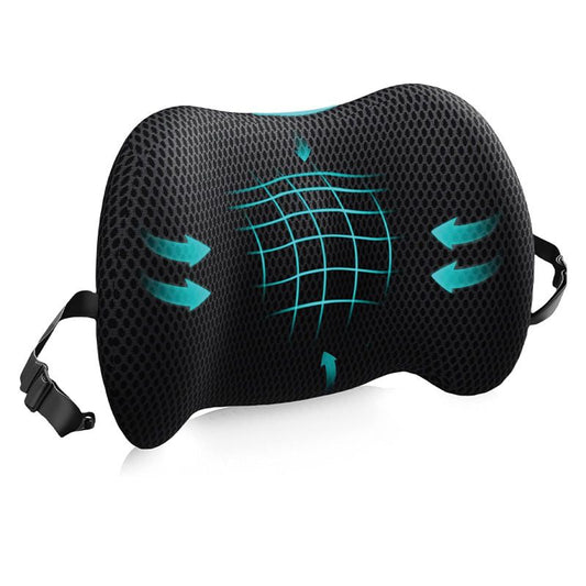 Black Ergonomic Memory Foam Lumbar Support Pillow and Back Cushion - Big Ear Contoured Design, Breathable Cover & Adjustable Strap for Office Car Seats, 17.9 x 10.23 x 4.33"