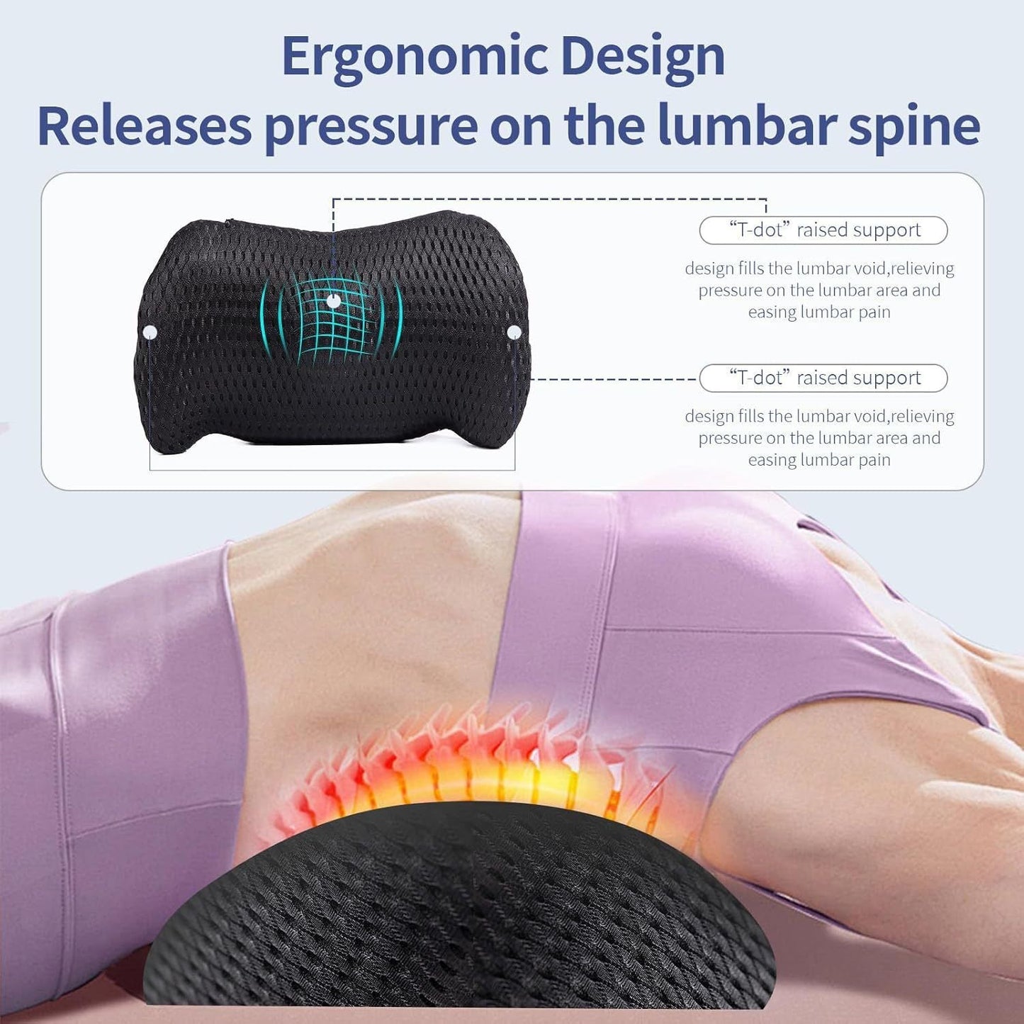 Black Ergonomic Memory Foam Lumbar Support Pillow and Back Cushion - Big Ear Contoured Design, Breathable Cover & Adjustable Strap for Office Car Seats, 17.9 x 10.23 x 4.33"