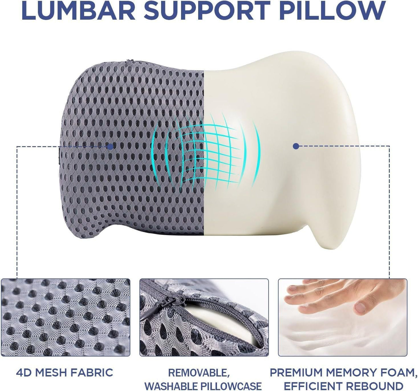 Black Ergonomic Memory Foam Lumbar Support Pillow and Back Cushion - Big Ear Contoured Design, Breathable Cover & Adjustable Strap for Office Car Seats, 17.9 x 10.23 x 4.33"
