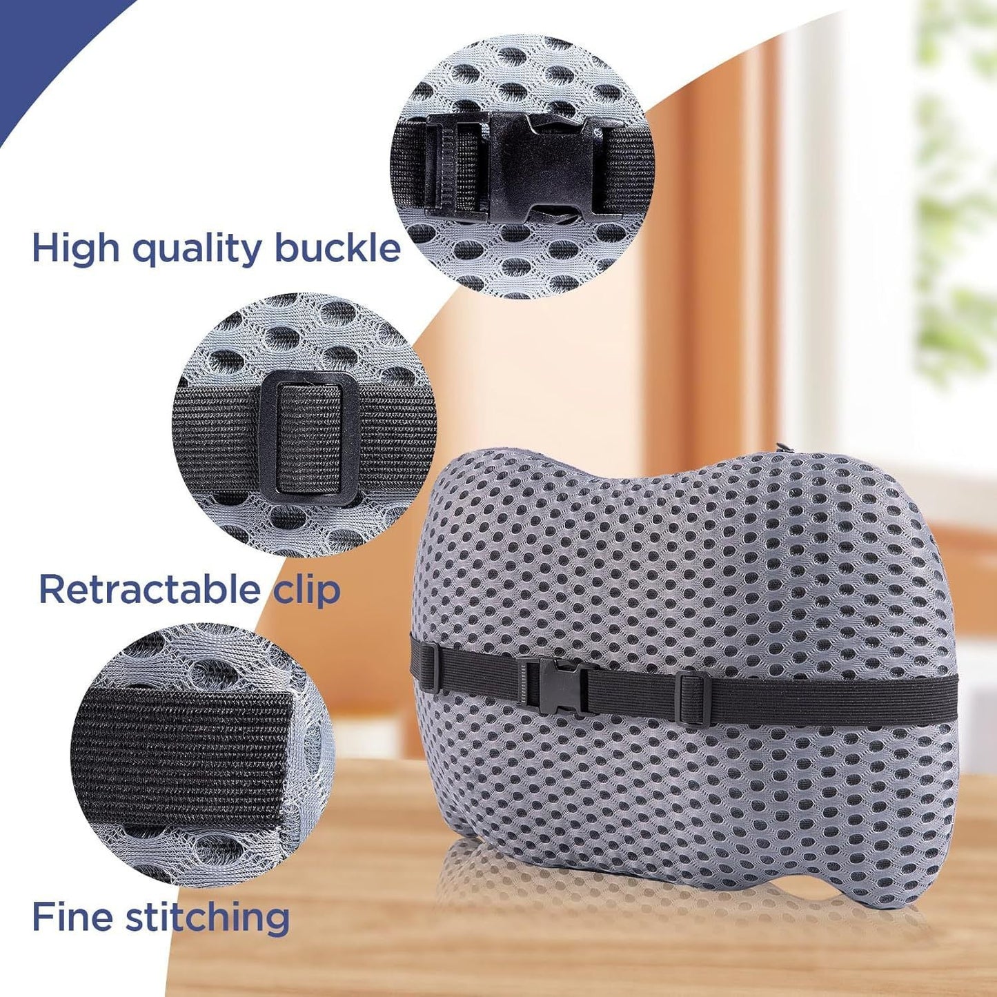 Black Ergonomic Memory Foam Lumbar Support Pillow and Back Cushion - Big Ear Contoured Design, Breathable Cover & Adjustable Strap for Office Car Seats, 17.9 x 10.23 x 4.33"
