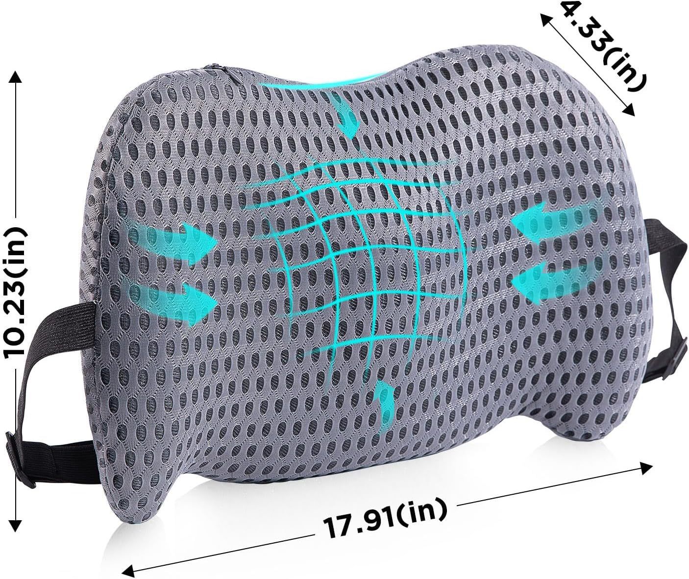 Black Ergonomic Memory Foam Lumbar Support Pillow and Back Cushion - Big Ear Contoured Design, Breathable Cover & Adjustable Strap for Office Car Seats, 17.9 x 10.23 x 4.33"