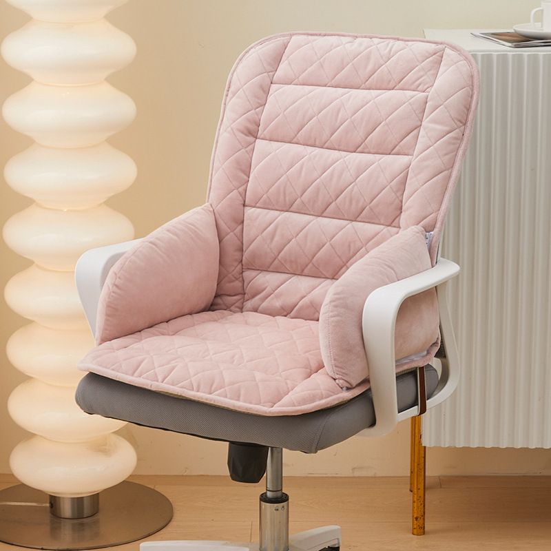 Pink Premium Quilted Plush Integrated Seat Cushion & Backrest – Thickened Lumbar Support Pad with Detachable Armrests, Secure Buckle and Washable Cover for Office Chair Long Sitting