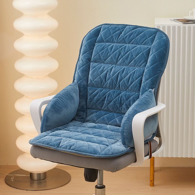 Dark Blue Premium Quilted Plush Integrated Seat Cushion & Backrest – Thickened Lumbar Support Pad with Detachable Armrests, Secure Buckle and Washable Cover for Office Chair Long Sitting