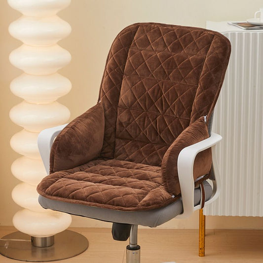 Brown Premium Quilted Plush Integrated Seat Cushion & Backrest – Thickened Lumbar Support Pad with Detachable Armrests, Secure Buckle and Washable Cover for Office Chair Long Sitting