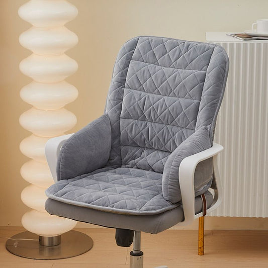 Grey Premium Quilted Plush Integrated Seat Cushion & Backrest – Thickened Lumbar Support Pad with Detachable Armrests, Secure Buckle and Washable Cover for Office Chair Long Sitting