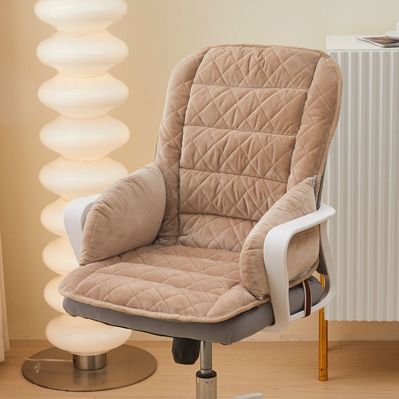 Khaki Premium Quilted Plush Integrated Seat Cushion & Backrest – Thickened Lumbar Support Pad with Detachable Armrests, Secure Buckle and Washable Cover for Office Chair Long Sitting
