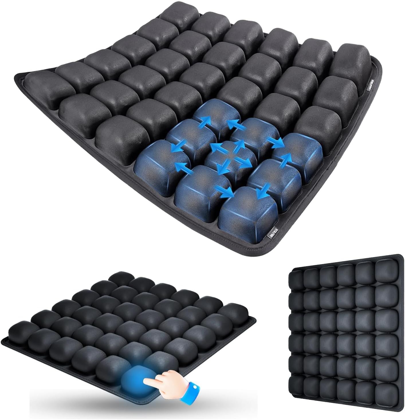 Black Portable 3D Aircell Travel Inflatable Seat Cushion with Built-in Pump – 36 Airbags Ergonomic Pressure Relief Pad with Lycra Cover & Non-Slip Base for Office Car Flight Long Sitting
