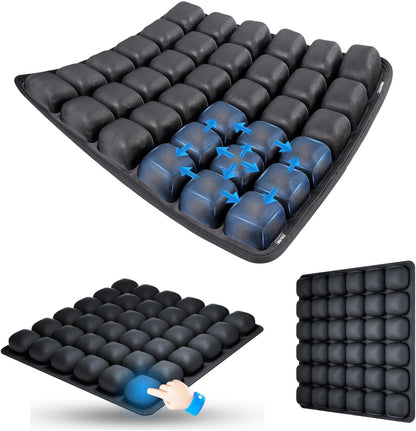 Black Portable 3D Aircell Travel Inflatable Seat Cushion with Built-in Pump – 36 Airbags Ergonomic Pressure Relief Pad with Lycra Cover & Non-Slip Base for Office Car Flight Long Sitting