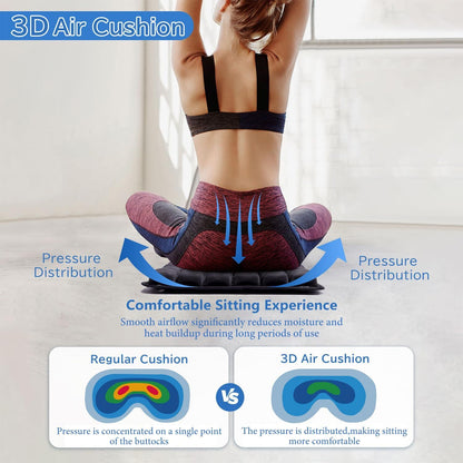 Black Portable 3D Aircell Travel Inflatable Seat Cushion with Built-in Pump – 36 Airbags Ergonomic Pressure Relief Pad with Lycra Cover & Non-Slip Base for Office Car Flight Long Sitting