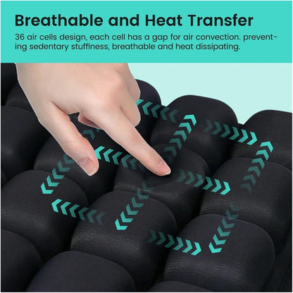 Black Portable 3D Aircell Travel Inflatable Seat Cushion with Built-in Pump – 36 Airbags Ergonomic Pressure Relief Pad with Lycra Cover & Non-Slip Base for Office Car Flight Long Sitting
