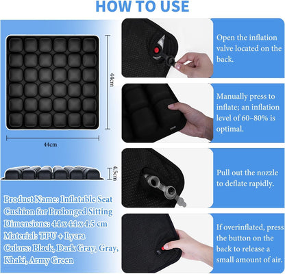 Black Portable 3D Aircell Travel Inflatable Seat Cushion with Built-in Pump – 36 Airbags Ergonomic Pressure Relief Pad with Lycra Cover & Non-Slip Base for Office Car Flight Long Sitting