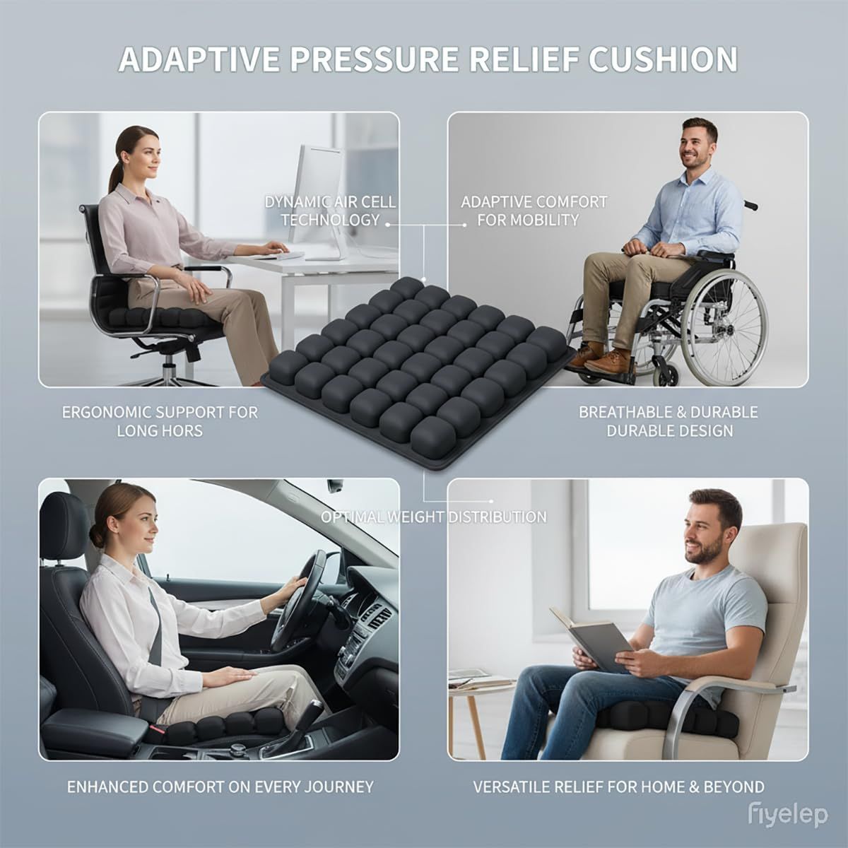 Black Portable 3D Aircell Travel Inflatable Seat Cushion with Built-in Pump – 36 Airbags Ergonomic Pressure Relief Pad with Lycra Cover & Non-Slip Base for Office Car Flight Long Sitting