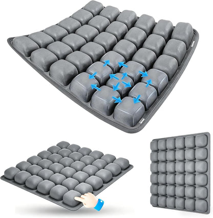 Dark Grey Portable 3D Aircell Travel Inflatable Seat Cushion with Built-in Pump – 36 Airbags Ergonomic Pressure Relief Pad with Lycra Cover & Non-Slip Base for Office Car Flight Long Sitting