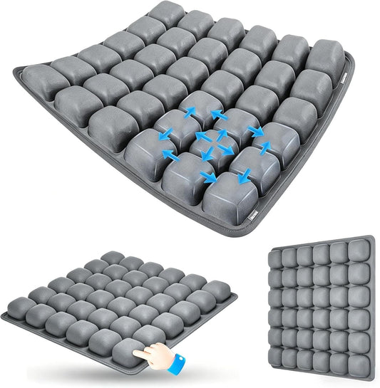 Dark Grey Portable 3D Aircell Travel Inflatable Seat Cushion with Built-in Pump – 36 Airbags Ergonomic Pressure Relief Pad with Lycra Cover & Non-Slip Base for Office Car Flight Long Sitting