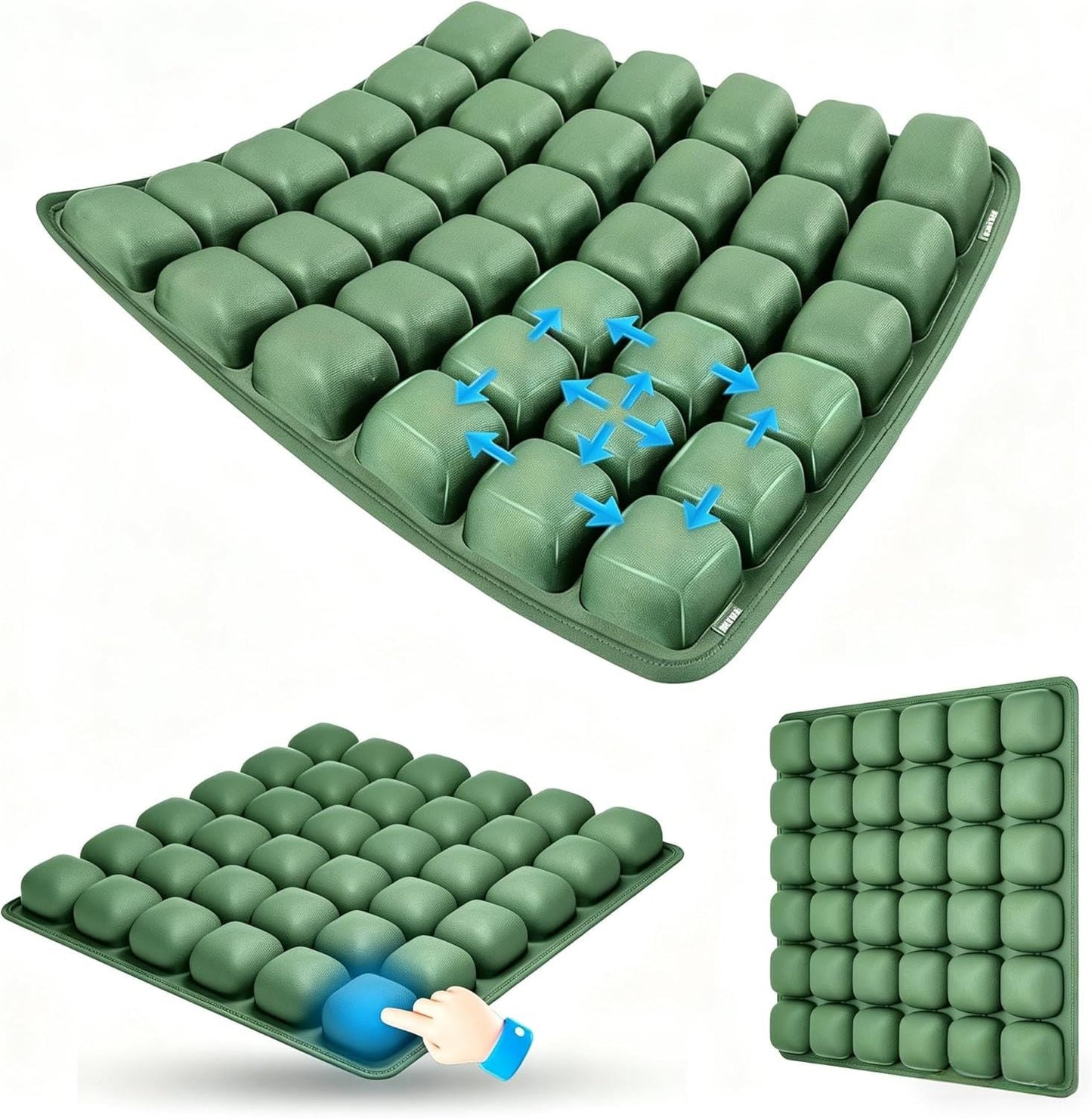 Dark Green Portable 3D Aircell Travel Inflatable Seat Cushion with Built-in Pump – 36 Airbags Ergonomic Pressure Relief Pad with Lycra Cover & Non-Slip Base for Office Car Flight Long Sitting
